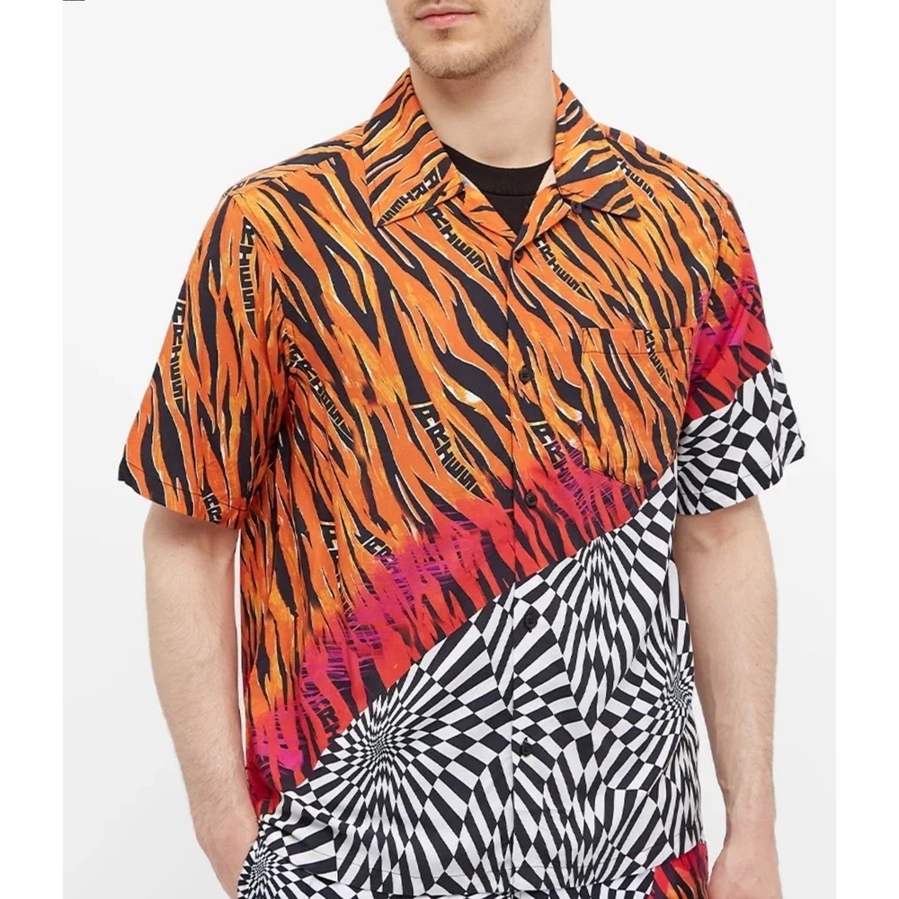 Vans Vault‎ X Aries Shirt Men's XS Orange DISTORTED Check Tiger Button Up Skater